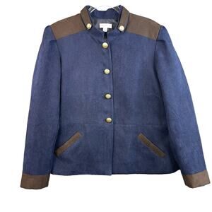 Susan Graver Womens Military Jacket Size XL Navy Blue and Brown Gold Button